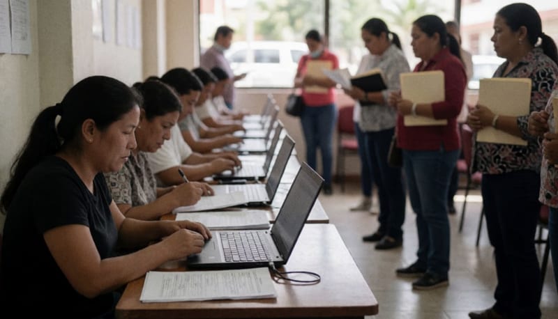 Ciudadanos llenando solicitudes en las oficinas del Instituto Electoral del estado