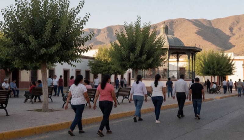 Mujeres y hombres caminan por una plaza de un pueblo del norte de México con bancas, árboles y cerros al fondo