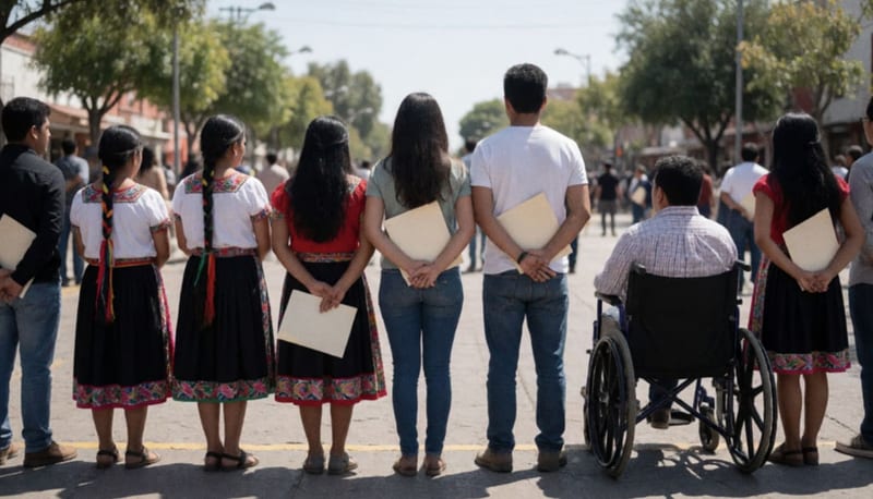 Grupo diverso de personas, algunas con vestimenta tradicional y una en silla de ruedas, formadas en una plaza soleada vistas desde atrás