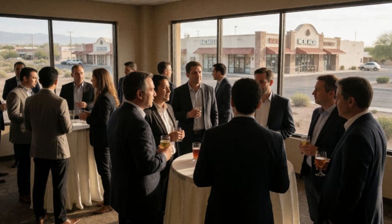 Empresarios reunidos en un salón conversando durante celebración de aniversario empresarial