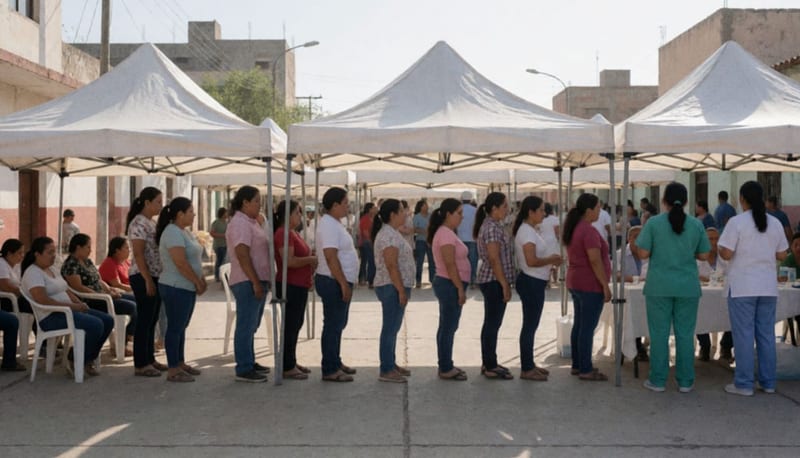 Carpas blancas en una explanada con personas haciendo fila y personal de salud atendiendo bajo el sol de la mañana