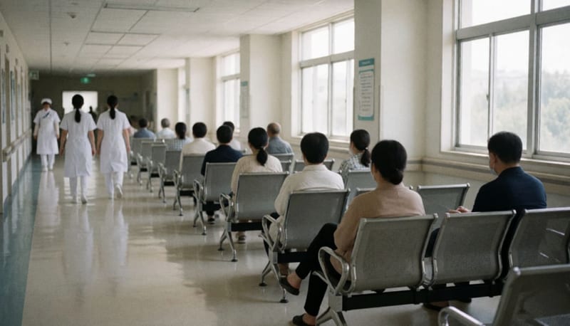 Pasillo de un hospital público con sillas de espera y personas vistas de espaldas
