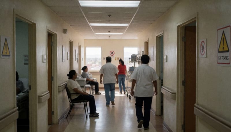 Pasillo interno de un hospital con personal médico y pacientes circulando, puertas de consultorios y equipo médico visible