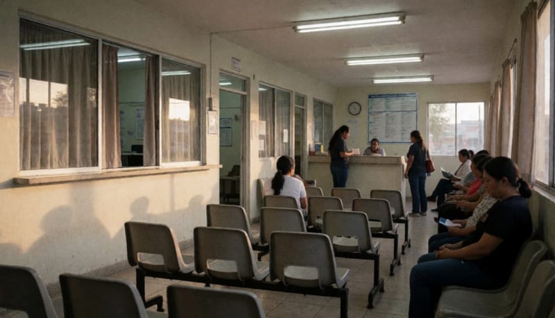 Sala de espera vacía de una clínica médica con sillas de plástico desocupadas y ventanillas cerradas