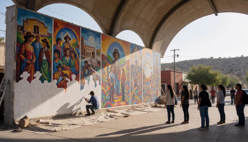 Mural en construcción bajo la Concha Acústica de la Macroplaza, con paneles de colores representando culturas e historia local