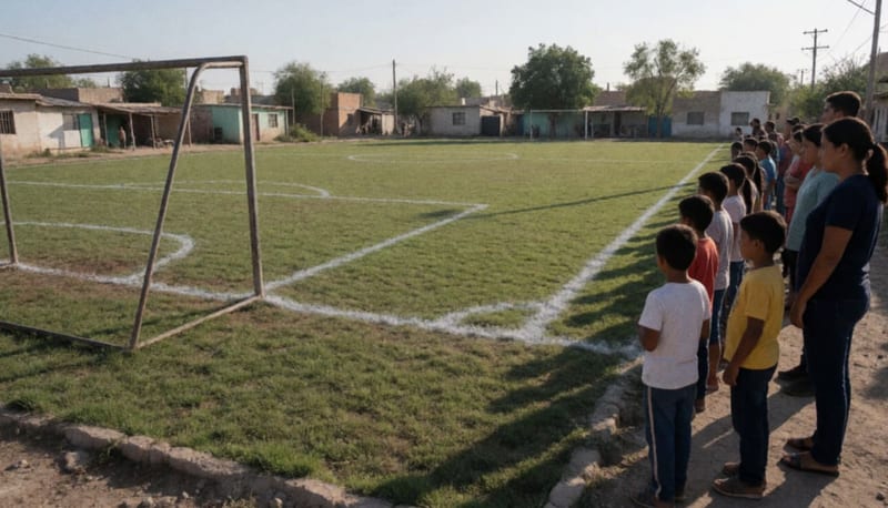 Cancha de futbol renovada con líneas pintadas y un grupo de personas observando desde la orilla del campo