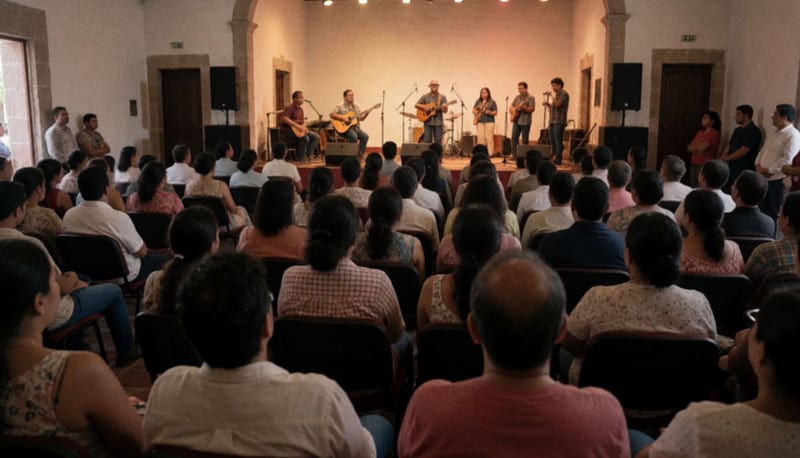 Asistentes llena la sala del Centro Cultural Armónico durante la presentación de la banda en vivo