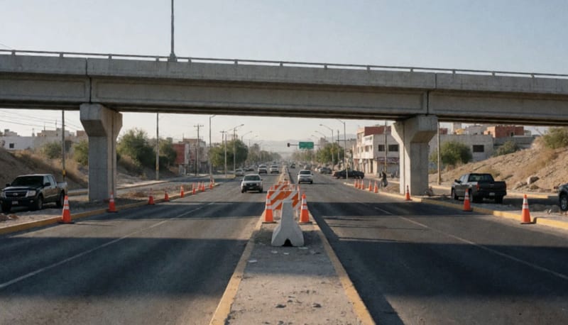 Paso superior elevado sobre una avenida principal con vehículos circulando en ambas direcciones bajo la estructura