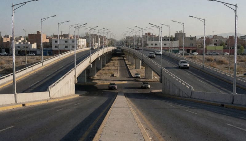 Puente elevado de doble estructura en el cruce de Los Nogales e Industrias con circulación vehicular activa