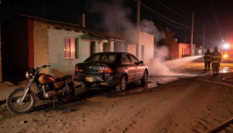 Motocicleta calcinada y automóvil dañado junto a una casa de un piso en una calle de noche con humo y luces de emergencia