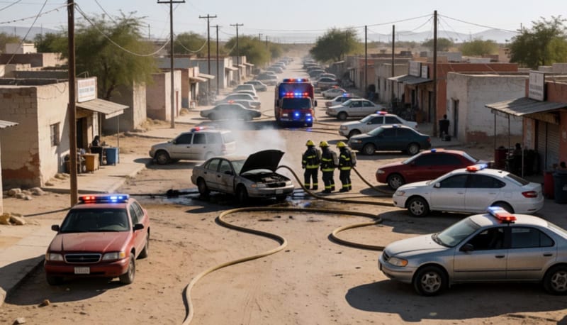 Bomberos atienden vehículo incendiado en fraccionamiento de Delicias con humo saliendo del motor