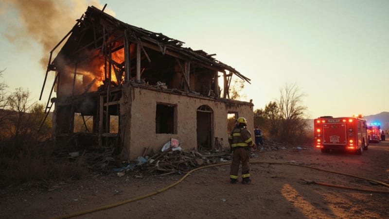 Bomberos combatiendo fuego en una vivienda abandonada con humo y llamas visibles en una zona semidesértica