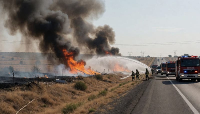 Llamas y humo denso elevándose desde un terreno quemado mientras bomberos operan maquinaria de extinción bajo luces de emergencia