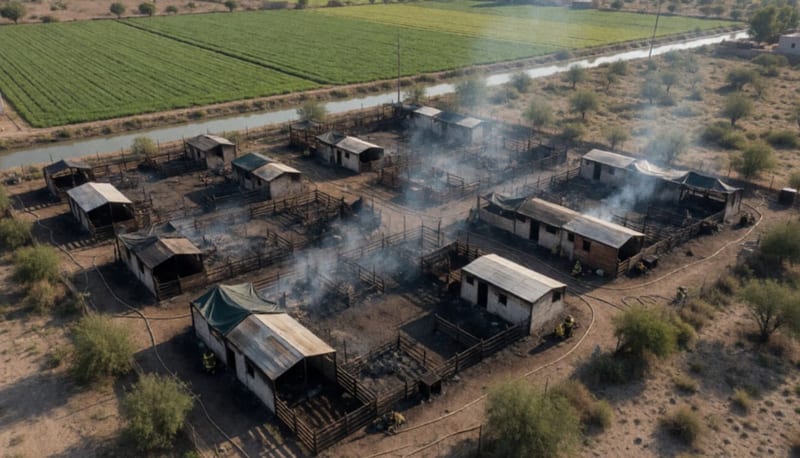 Corrales incendiados con estructuras de madera carbonizadas humeando bajo el sol de la tarde en zona rural