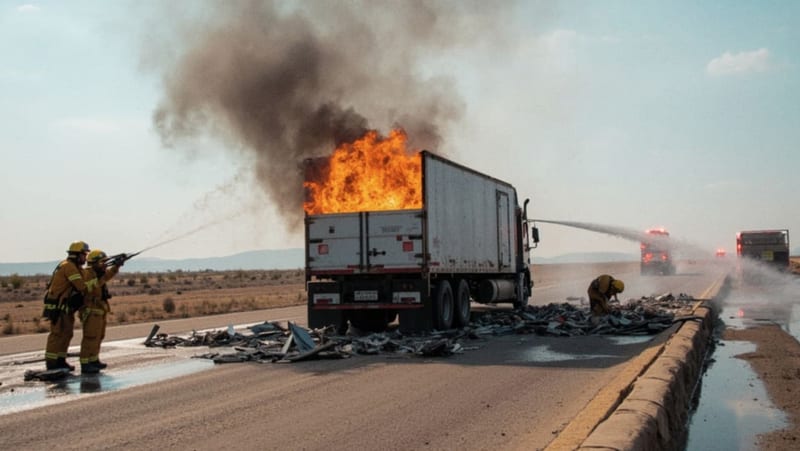 Incendio en carga de rebaba metálica detiene tráiler en carretera Camargo-Delicias