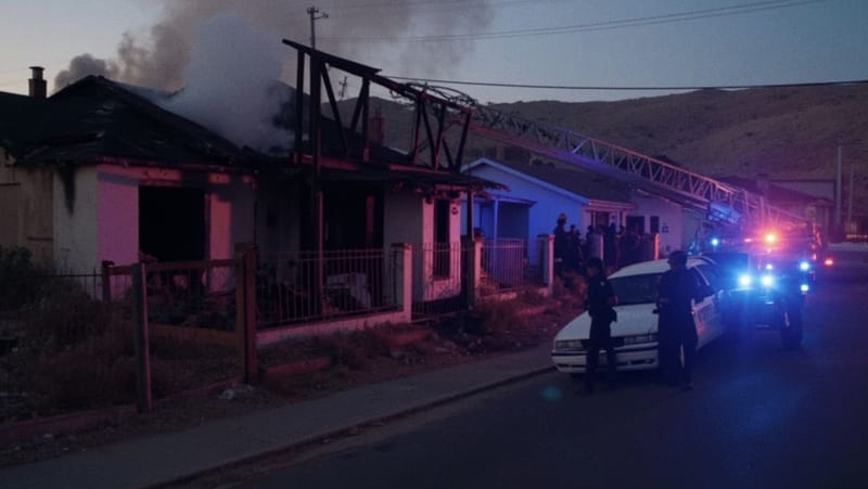 Casa afectada por incendio con humo intenso y equipo de emergencia trabajando en el sitio