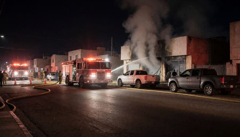 Bomberos combatiendo el fuego en un expendio comercial en Delicias durante la noche con luces de emergencia activadas
