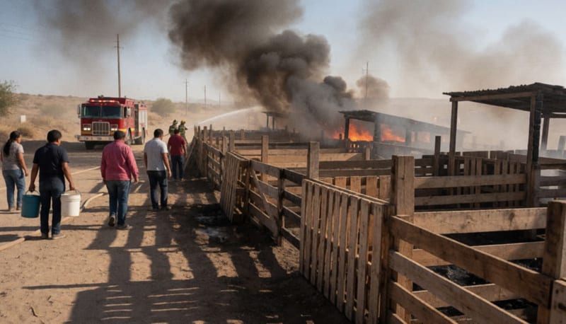 Estructura de madera ardiendo en llamas con bomberos extinguiendo el fuego en zona rural de Delicias