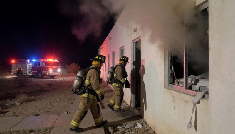 Bomberos combatiendo un incendio nocturno en la estación migratoria con luces de emergencia iluminando la escena del siniestro