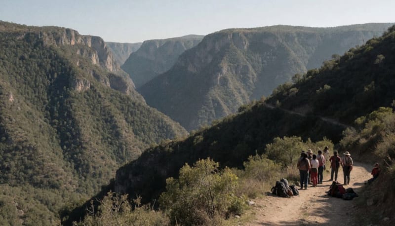 Grupo de personas en un sendero de montaña frente al paisaje de cañones profundos de la Sierra Tarahumara
