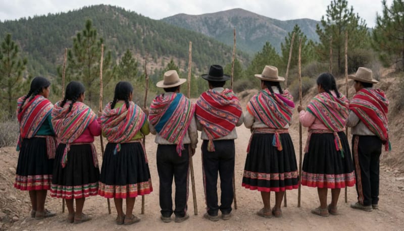 Grupo de personas con ropa tradicional colorida de pie sobre un camino de tierra con montañas de pinos al fondo