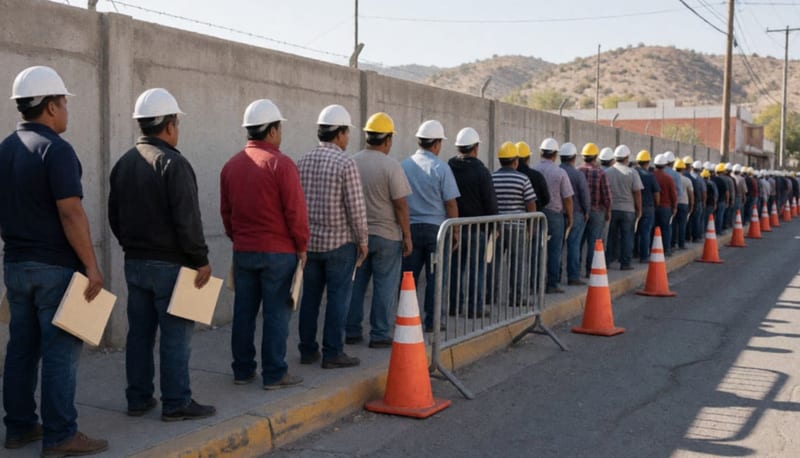 Trabajadores formados en una banqueta junto a un muro bajo en una ciudad fronteriza, con conos naranjas y cerros secos al fondo