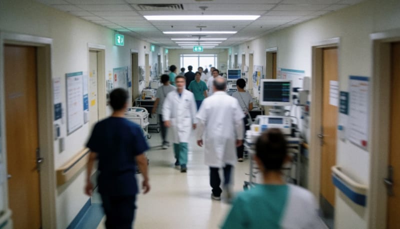 Pasillo de hospital con personal médico en movimiento bajo iluminación fluorescente