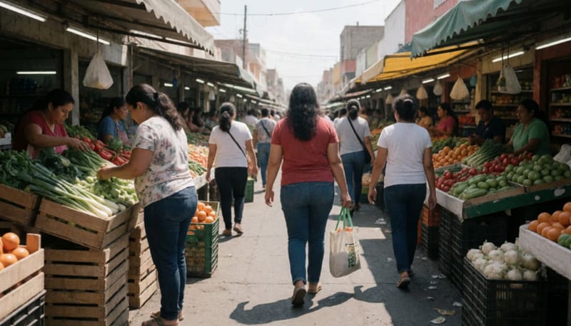 Compradores recorren puestos de verduras en cajas de madera en un mercado al aire libre bajo el sol del mediodía
