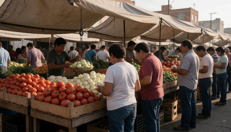 Compradores vistos de espaldas en un mercado al aire libre con cajas de jitomates y cebollas bajo toldos lisos