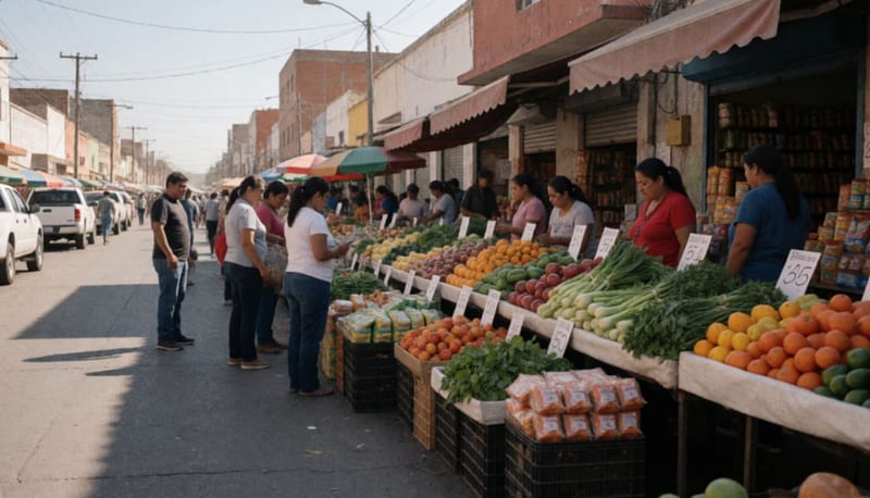 Clientes comprando frutas y verduras en un mercado tradicional de una ciudad del norte de México