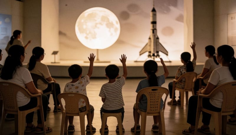Familias con niños sentadas de espaldas en una sala amplia frente a un escenario con una esfera luminosa y un cohete a escala