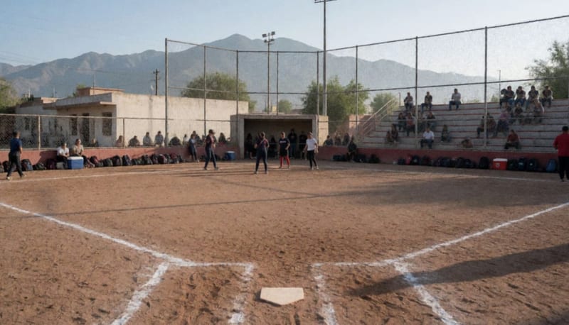 Campo de softbol con equipos preparándose para el primer juego de la jornada matutina en Parral