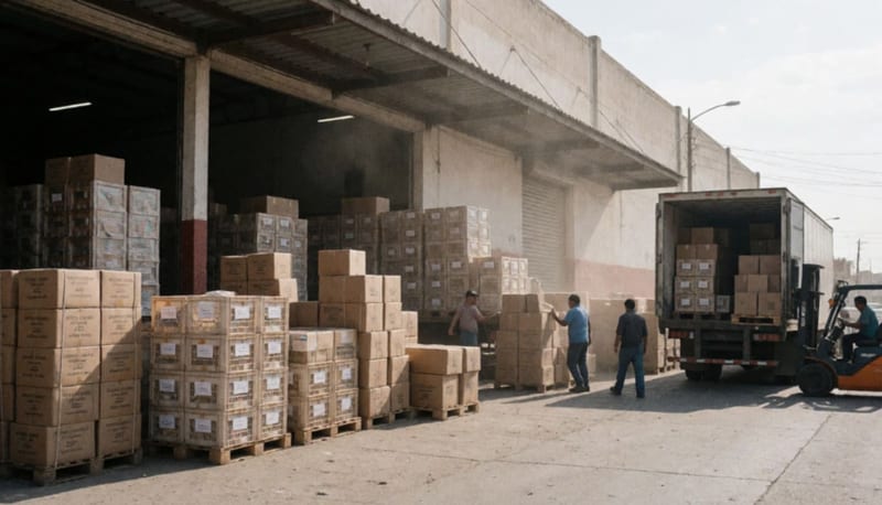 Camiones de carga siendo abastecidos con cajas de libros en una bodega durante operativo de distribución