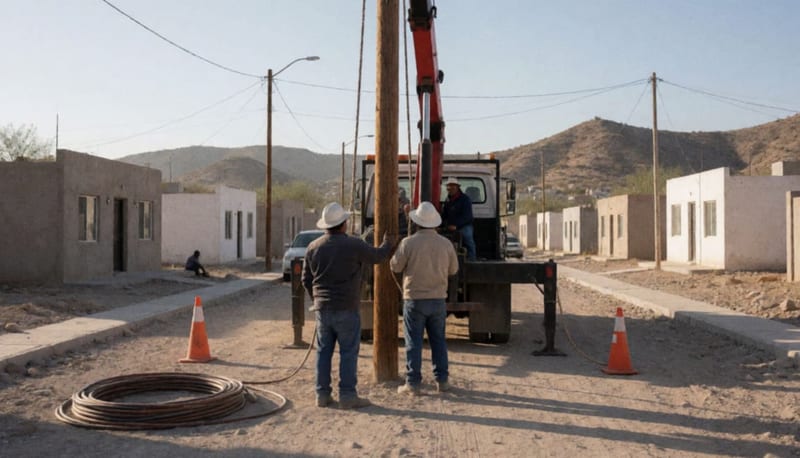 Trabajadores levantan un poste con una grúa en una calle de terracería de un barrio con casas sencillas y cerros al fondo