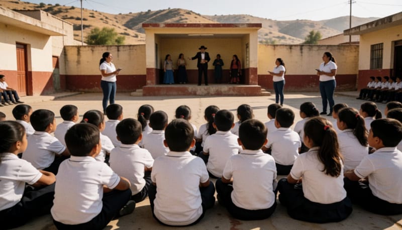 Niños sentados en el patio de una escuela viendo una función de teatro y magia bajo el sol de la mañana