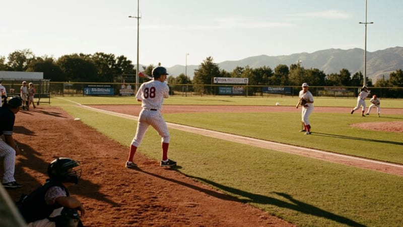 Jugadores en acción durante un partido de beisbol en un campo estatal