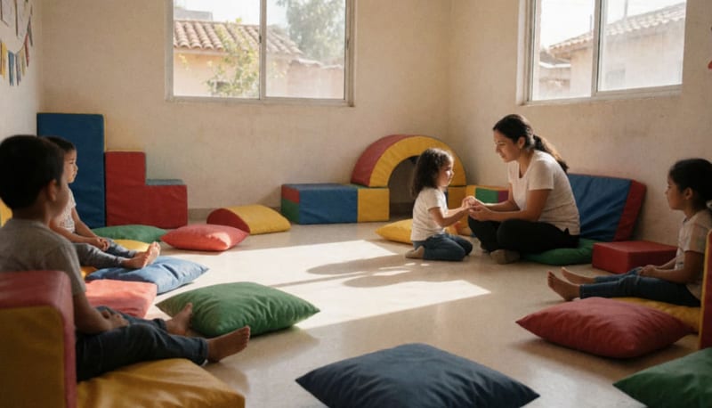Espacio de terapia infantil con colores cálidos y juguetes, donde una especialista interactúa con una menor en un ambiente seguro y acogedor