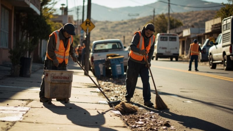 Trabajadores barriendo y limpiando una avenida en la mañana, con herramientas de trabajo sobre el pavimento