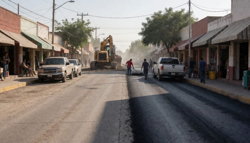 Trabajadores colocando carpeta asfáltica en una calle comercial de Parral al atardecer