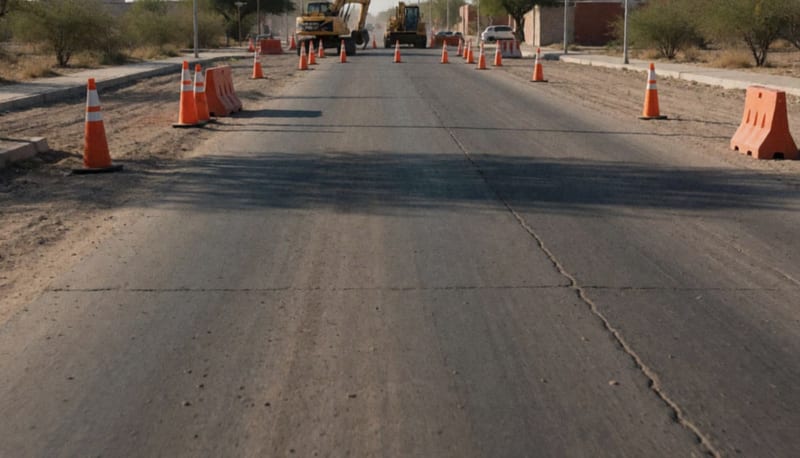 Camino de acceso con maquinaria de construcción y conos de seguridad en una zona universitaria del estado