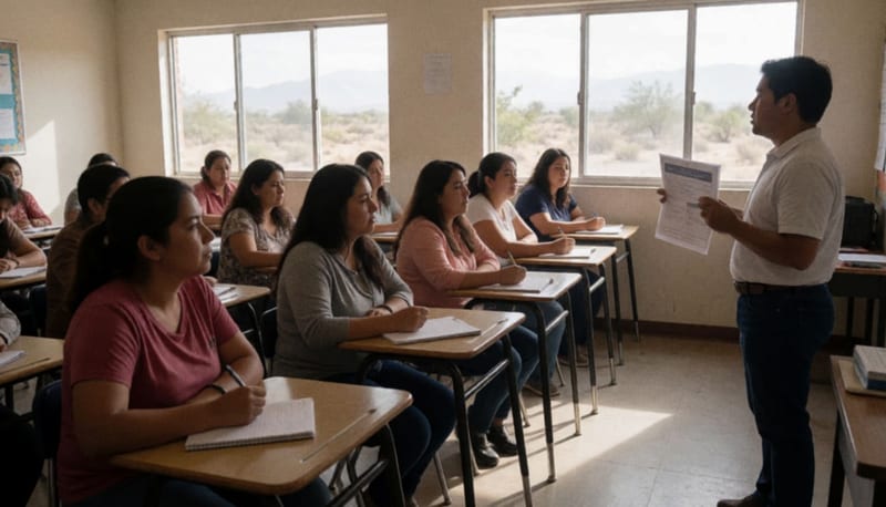 Docentes en una capacitación escolar sobre prevención de violencia, tomando notas frente a un facilitador en el aula