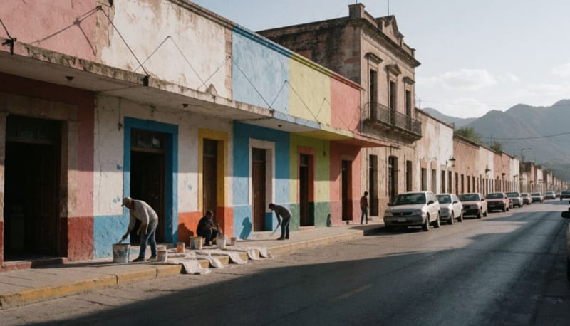 Trabajadores pintando fachadas en una avenida histórica del centro de la ciudad, con andamios y materiales de construcción