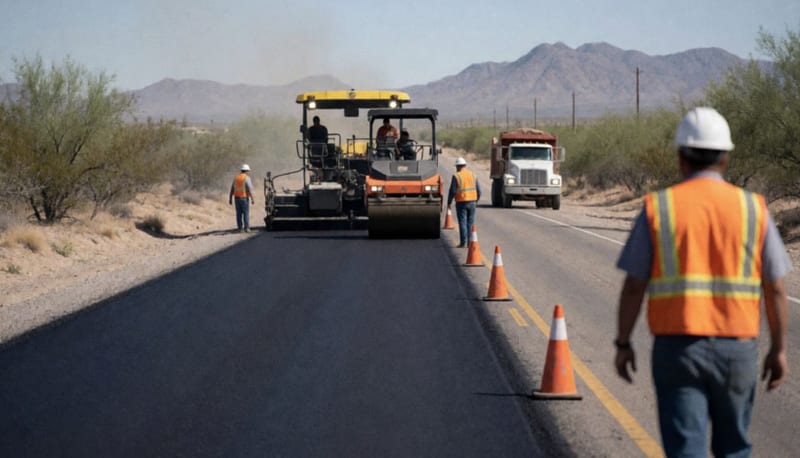 Maquinaria de pavimentación extendiendo asfalto nuevo en una carretera del desierto con trabajadores de espaldas y conos naranjas