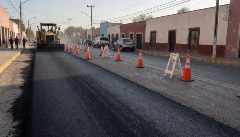Maquinaria de construcción realizando trabajos de repavimentación en una calle de Camargo