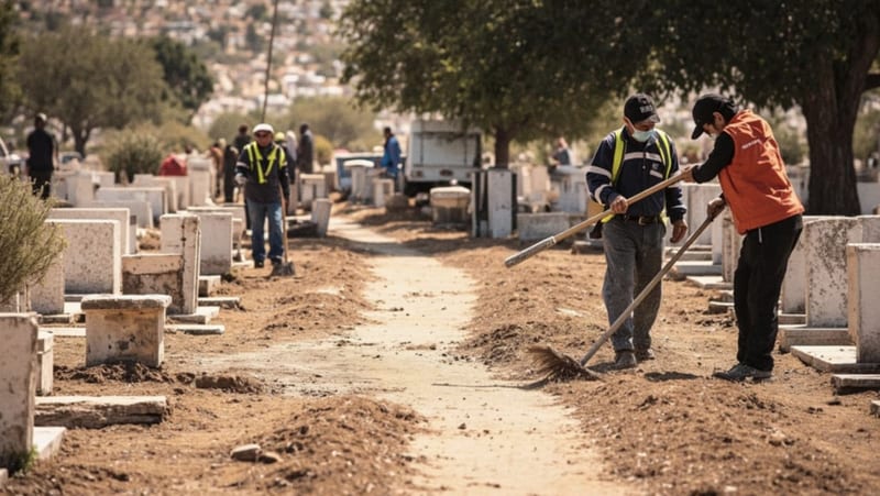 Trabajadores realizando labores de limpieza y deshierbe en pasillos y áreas del panteón municipal