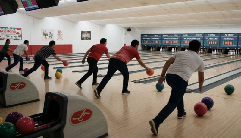 Competidores lanzando bolas de boliche en las canchas de una liga competitiva del norte de México