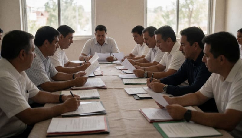 Reunión del comité electoral en una sala de juntas con autoridades deportivas y representantes analizando documentos
