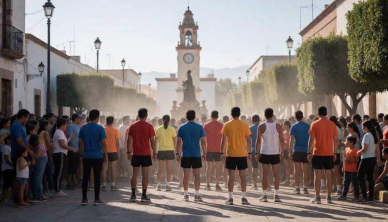 Corredores con ropa deportiva de colores reunidos en la línea de salida de una carrera matutina en una plaza de pueblo