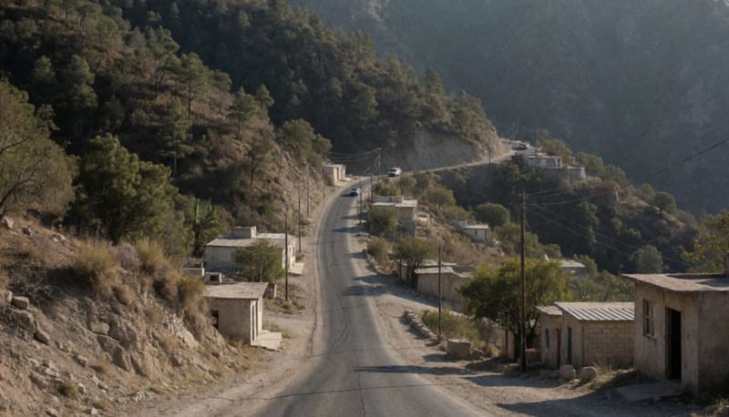 Camino sinuoso en la Sierra de Guadalupe y Calvo con vegetación montañosa y escasa infraestructura al atardecer