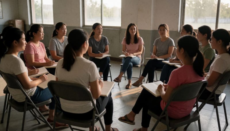 Grupo de mujeres y niñas participando en un taller educativo en una sala comunitaria de Camargo